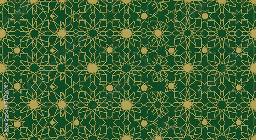 Intricate golden floral pattern on a green background, viewed from directly above, showcasing repeating geometric designs and circular motifs.