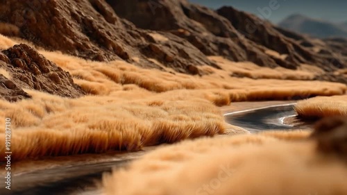 Serene river flowing through golden grass and rocky terrain landscape