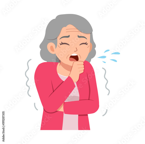 Elderly Asian Woman Coughing into Her Hand Feeling Unwell Showing Symptoms of Sickness and Illness
