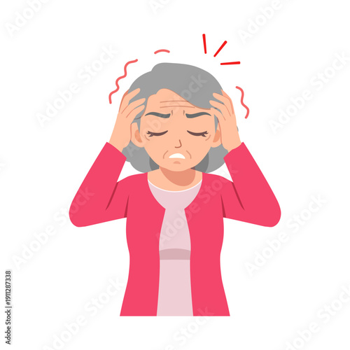 Elderly Asian woman suffering from a painful headache feeling stressed and unwell holding her head