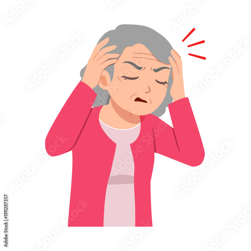 Elderly Asian woman suffering a severe headache holding her head looking very distressed illustration