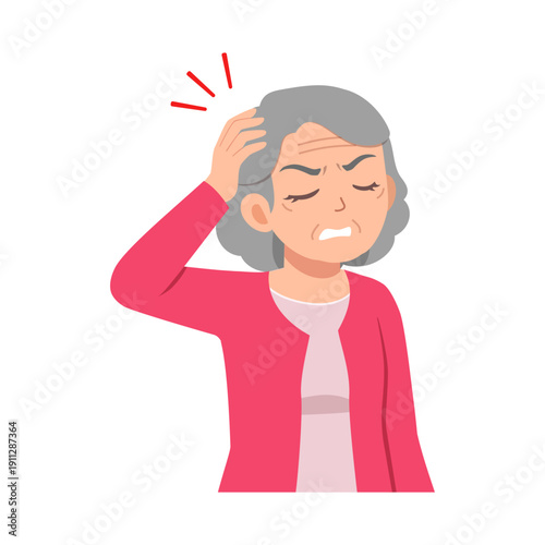 Older Woman Experiencing Headache or Migraine Feeling Pain and Stress Holding Her Head in Discomfort
