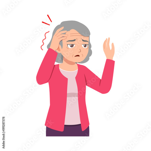 Senior woman with gray hair experiencing a headache holding her head with a worried expression