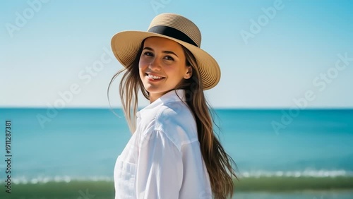 Wallpaper Mural Woman in Straw Hat and White Shirt Smelling the Sea Breeze on a Sunny Day Torontodigital.ca