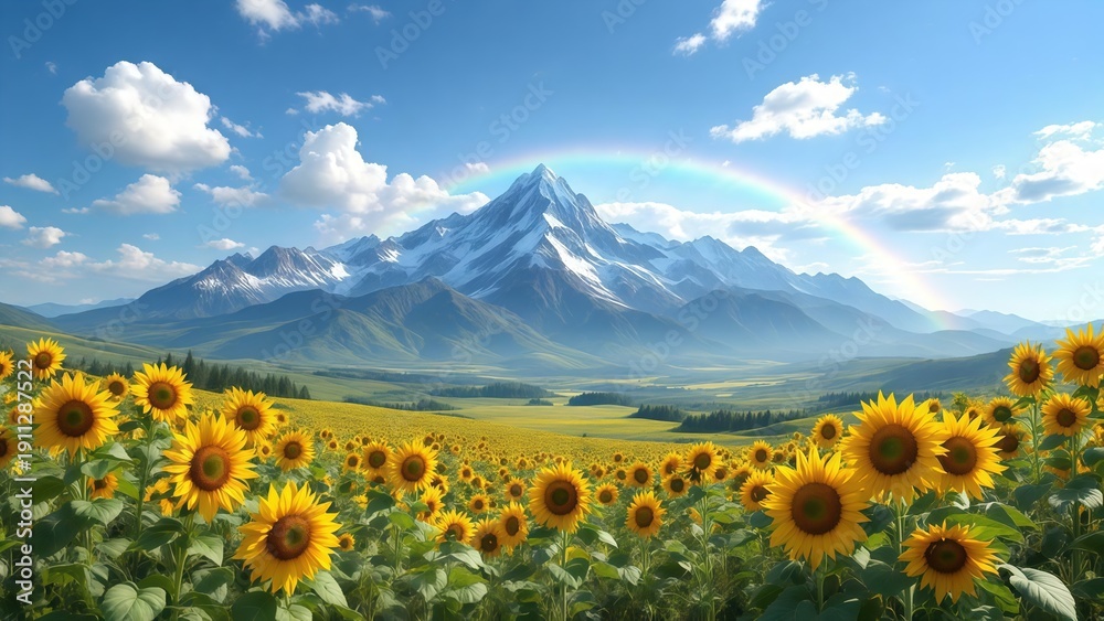 Fototapeta premium Sunlit Field of Sunflowers Under Majestic Snow Capped Mountains with Rainbow