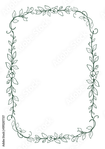 手描きボタニカル線画ラウンドフレーム（緑一色）／Hand Drawn Botanical Rounded Green Line Frame