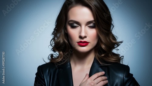 Wallpaper Mural Woman With Red Lipstick and Black Leather Jacket Posing With Hand on Chest Torontodigital.ca