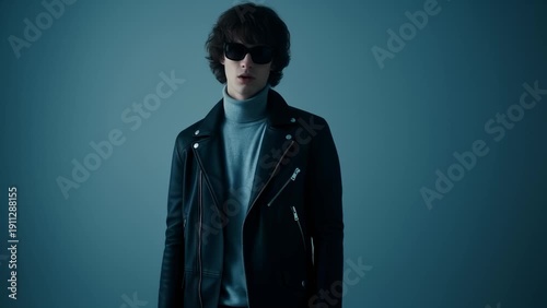 Wallpaper Mural Young Man With Sunglasses and Leather Jacket Posing Confidently in Studio, Stylish Fashion Portrait Torontodigital.ca
