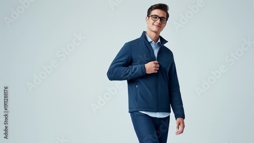 Wallpaper Mural Young Man Wearing Blue Jacket and Glasses Posing for Fashion Shoot in Studio Torontodigital.ca