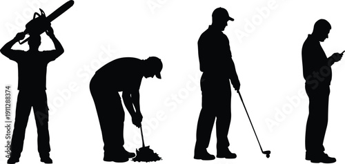 Collection of male silhouettes showing different occupations including chainsaw worker, street cleaner, golfer and smartphone user isolated on white background vector illustration