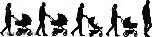 Collection of parent silhouettes pushing baby strollers showing child growth stages from newborn to toddler, isolated vector illustration on white background modern family concept