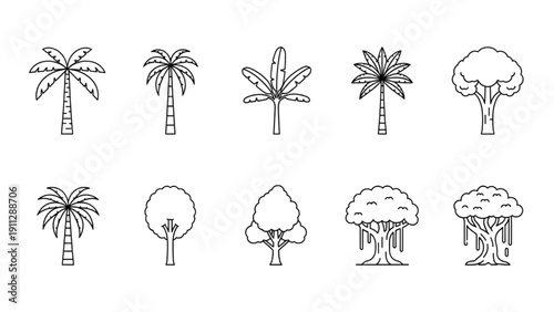 Collection of diverse outline tree and palm tree icons, representing nature's greenery