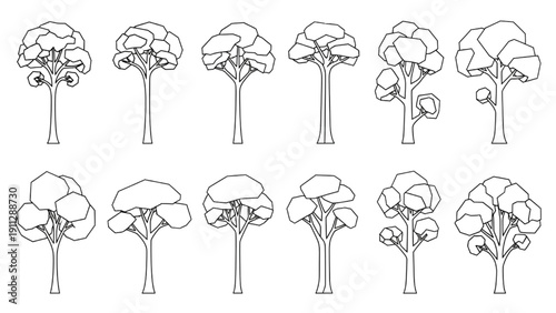Collection of Stylized Outline Trees, Varied Line Art Vector Illustrations Set