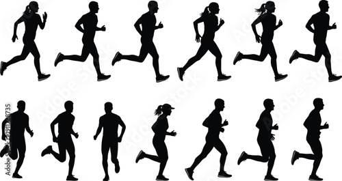 Collection of running men and women silhouettes in jogging poses isolated on white background, fitness sport athletes vector illustration set for training and marathon design