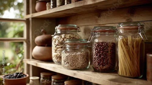 Fototapeta samoprzylepna Organized kitchen pantry showcasing dry food staples in reusable glass jars on rustic wooden shelves