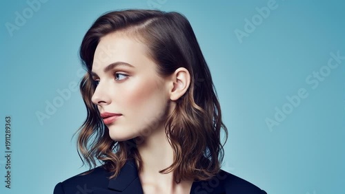 Wallpaper Mural Elegant Woman With Wavy Brown Hair Posing in Studio Against Blue Background, Looking to Side Torontodigital.ca