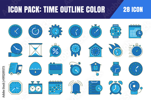 Minimal time, date, and location icons for navigation and planning. Includes clock, calendar, alarm, and map pin symbols in a clean outline vector style.