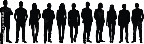 Silhouettes of diverse business people standing in a row, corporate team lineup isolated on white background, professional workforce group concept for company branding use