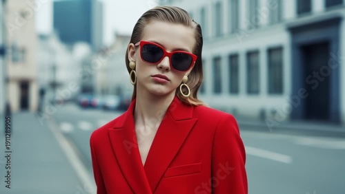 Wallpaper Mural Stylish Woman in Red Blazer and Sunglasses Posing Confidently in Urban Setting Torontodigital.ca