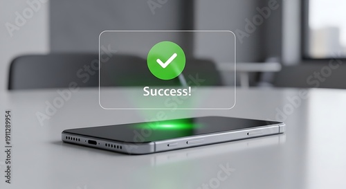 A smartphone displaying a holographic success message on a desk