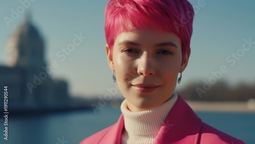 Wallpaper Mural Stylish Young Woman With Pink Hair Wearing Pink Blazer and Turtleneck, Posing Outdoors Torontodigital.ca