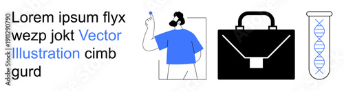 Science, business innovation, research, genetics, progress, professional tools. A scientist holding a vial, a briefcase and a DNA helix. Science and business innovation concept