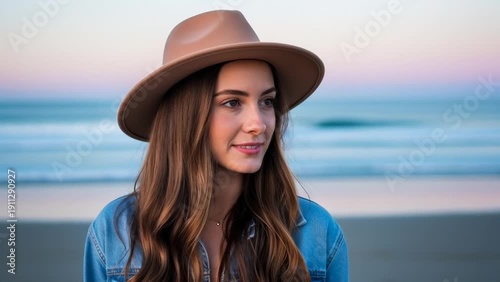 Wallpaper Mural Young Woman Wearing Hat and Denim Jacket on Beach at Sunset, Looking Away Smiling Torontodigital.ca