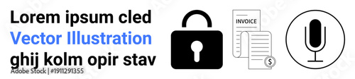 Data security, online transactions, financial management, document protection, digital media, voice recognition. A lock, invoices and microphone icon. Data security and online transactions theme