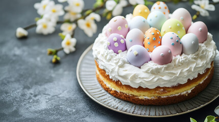 Traditional easter cake with whipped cream and pastel decorated eggs. concept of festive baking, spring celebration, sweet treats. Copy space