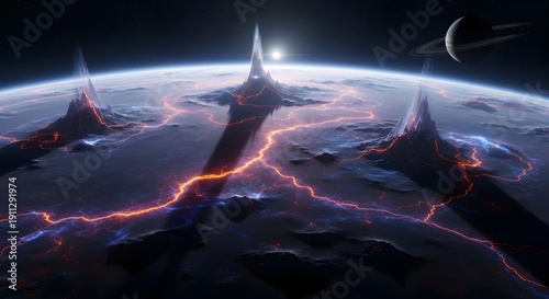 Volcanic Eruption with Lightning on Planet Surface.