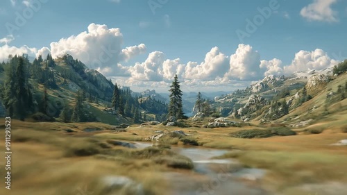 Scenic mountain valley with river flowing through natural landscape