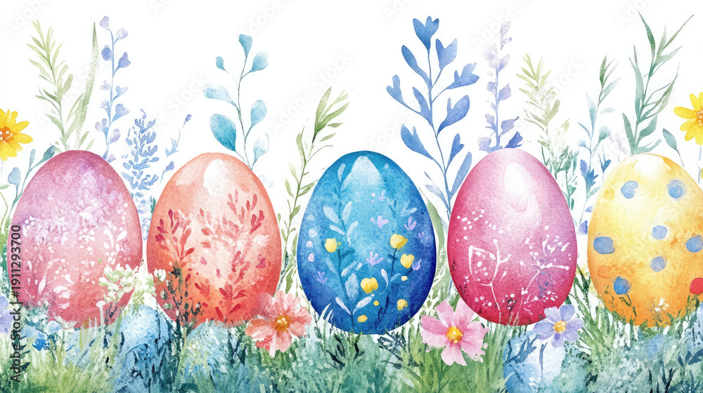 Fototapeta premium Colorful watercolor Easter eggs arrangement with floral motifs for festive decoration, easter background
