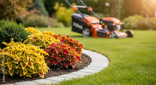 Colorful shrubs and lawn mower on green grass in garden with brick edging outdoor