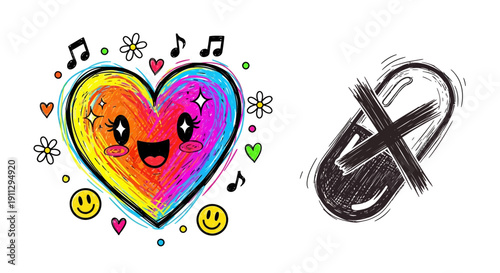 A cheerful, colorful cartoon heart with music and flowers contrasted with a sketchy, crossed-out pill icon.