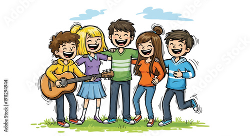 A diverse group of five young friends, smiling and laughing together, enjoying a moment of camaraderie outdoors.