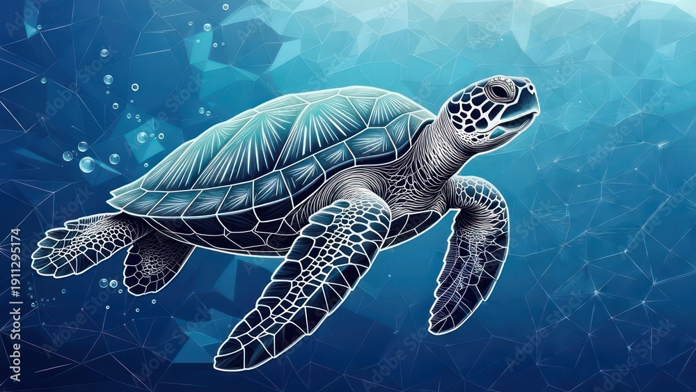 Obraz premium Sea turtle, stylized, underwater, digital art