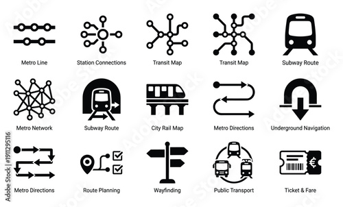 Black glyph icons for subway network and public transport planning systems