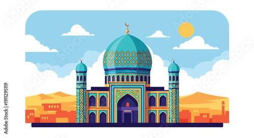 Modern flat vector illustration of Central Asian mosque with turquoise dome and tile patterns, showing traditional Islamic architectural style