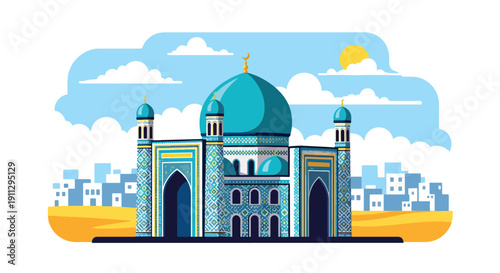 Modern flat vector illustration of Central Asian mosque with turquoise dome and tile patterns, showing traditional Islamic architectural style