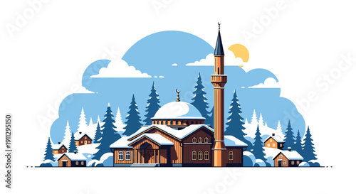 Flat vector illustration of Scandinavian-style mosque with wooden facade and snowy landscape, showing Islamic architecture in cold climate