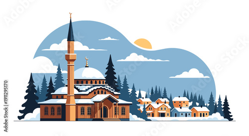 Flat vector illustration of Scandinavian-style mosque with wooden facade and snowy landscape, showing Islamic architecture in cold climate