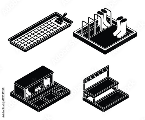 Boot room storage and shoe cleaning station isometric equipment illustration