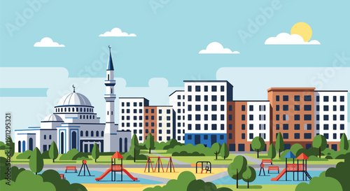 Modern flat vector illustration of mosque inside housing complex with park and playground, showing community-centered Islamic worship