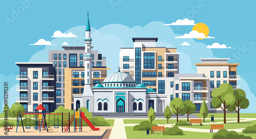 Modern flat vector illustration of mosque inside housing complex with park and playground, showing community-centered Islamic worship