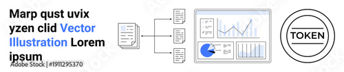 Digital data diagrams, analytics dashboard with charts, and token design. Ideal for data analysis, information processing, tokenization, blockchain, business analytics, research simple landing page