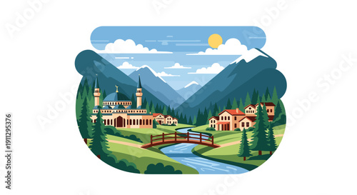 Modern flat vector illustration of mosque in mountain valley with river and pine forest, showing peaceful spiritual landscape
