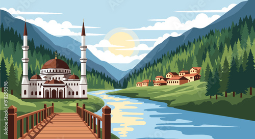 Modern flat vector illustration of mosque in mountain valley with river and pine forest, showing peaceful spiritual landscape
