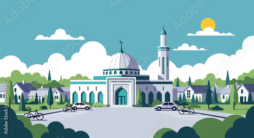Flat vector illustration of suburban mosque with parking area, bicycles, and trees, showing modern neighborhood worship setting