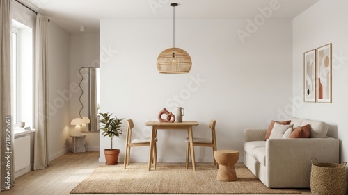Scandinavian dining area in small neutral living room with copy space