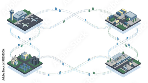 Isometric Smart City Logistics and Airport SaaS Platform Illustration, Interconnected Global Supply Chain Management, Data Transfer for Transportation, Energy, and Warehouse Infrastructure